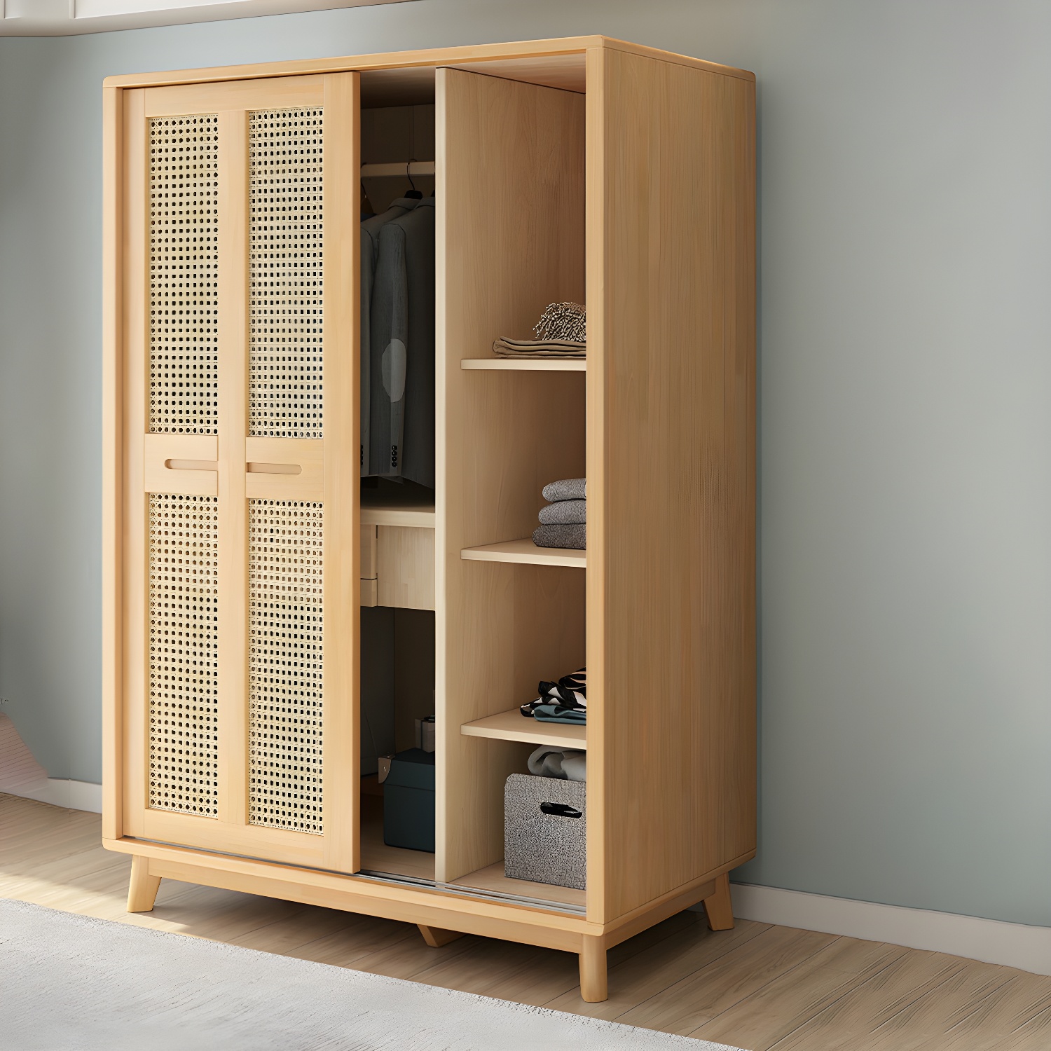 Scandinavian Wood Rattan Cabinet Doors Wardrobe with Clothing Rod and Four Feet - image 5