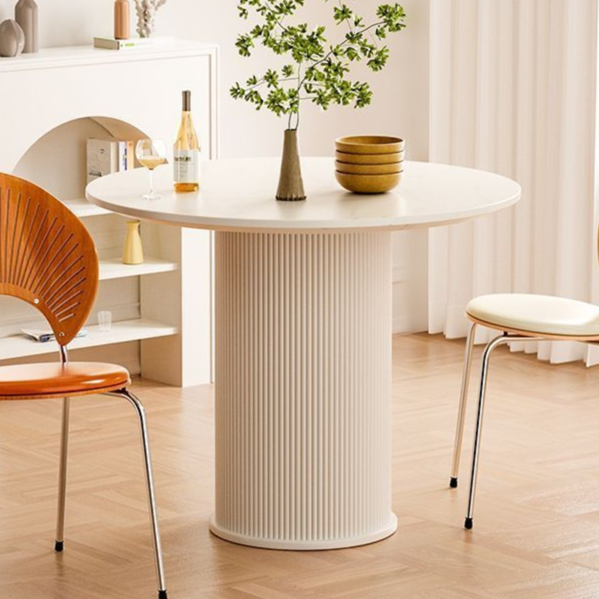 Minimalist Sintered Stone Rounded Fixed Dining Table with Single Ribbed Leg for 2 People/for 4 - image 3