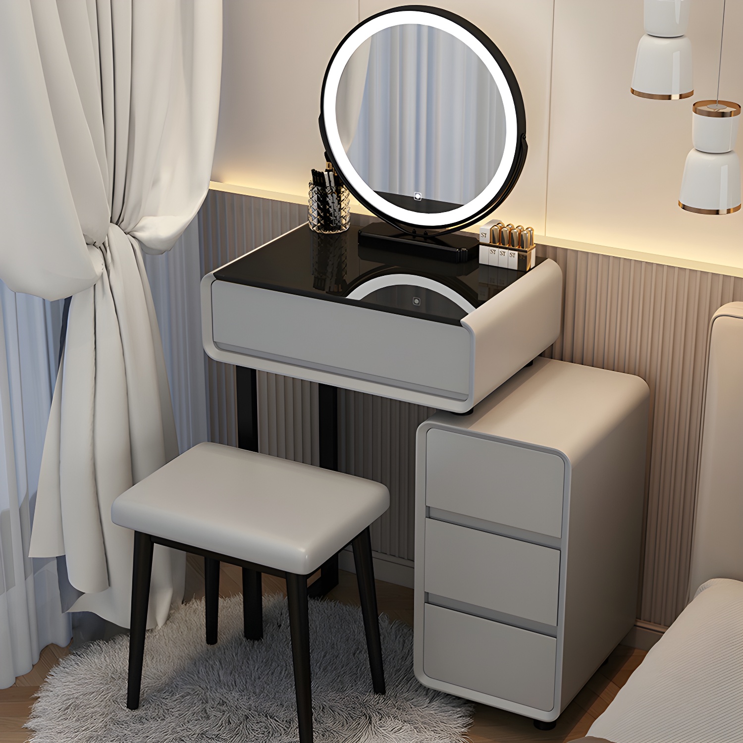 Modern Gray Makeup Vanity with Mirror & Drawers & Seat Included