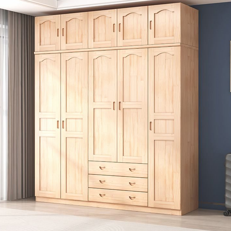 Natural Finish Minimalist Pine Wood Cabinet Armoire with 3-Drawer, Interior Shelves, and Clothing Rod