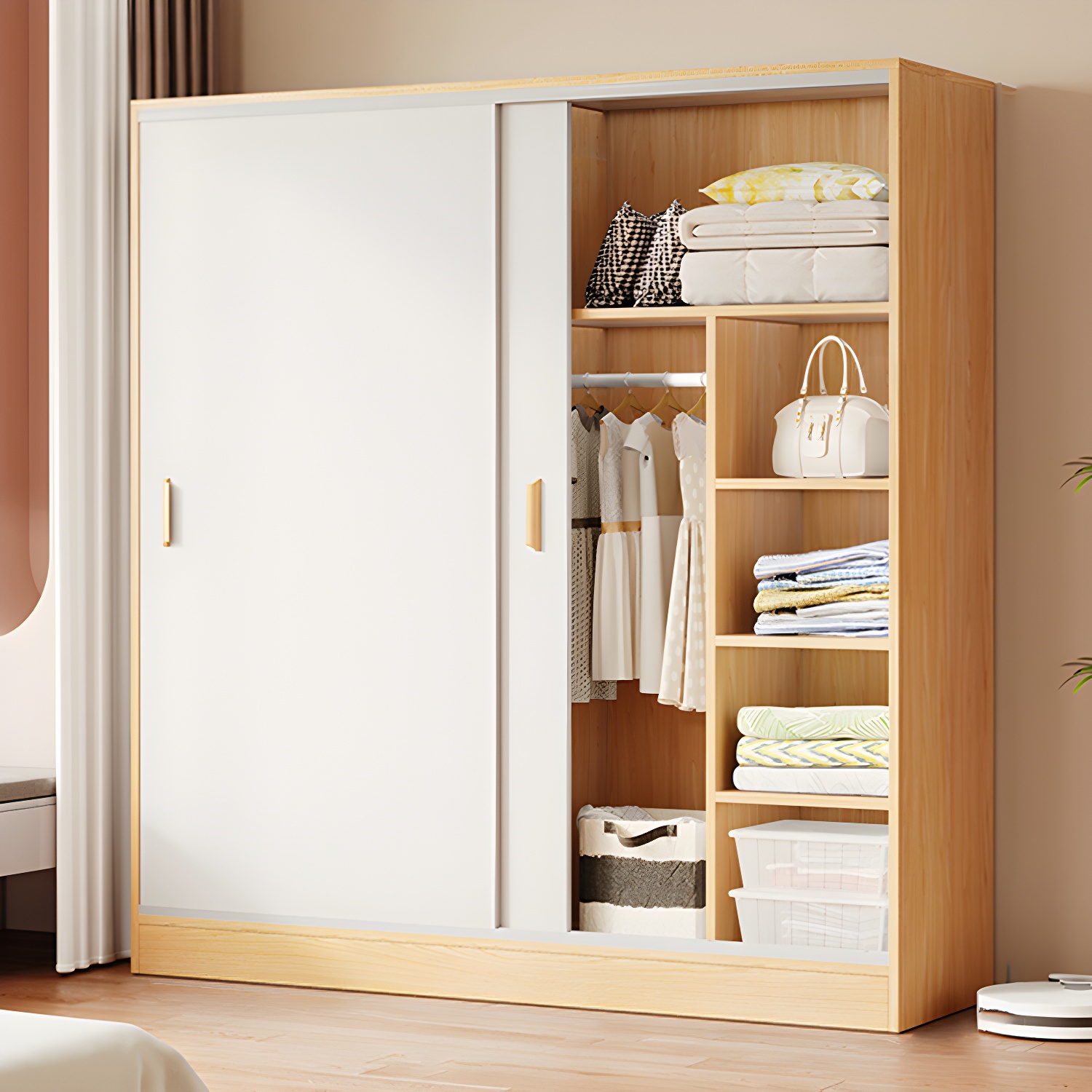 Contemporary Freestanding Wardrobe Armoire Wood Sliding Doors Wardrobe - image 16