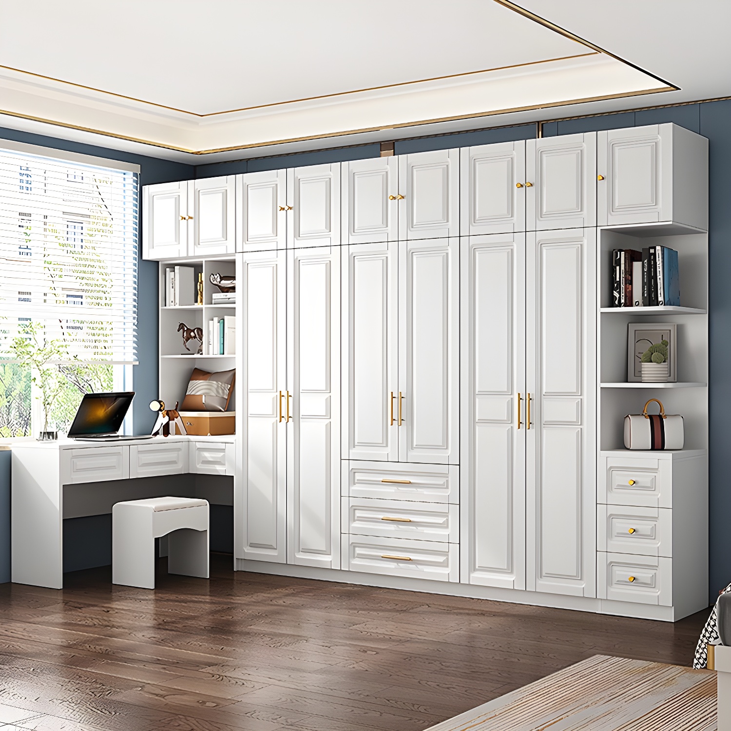 White Armoire Artificial Wood Wardrobe with Drawers and Clothes Rails Storage Cabinet