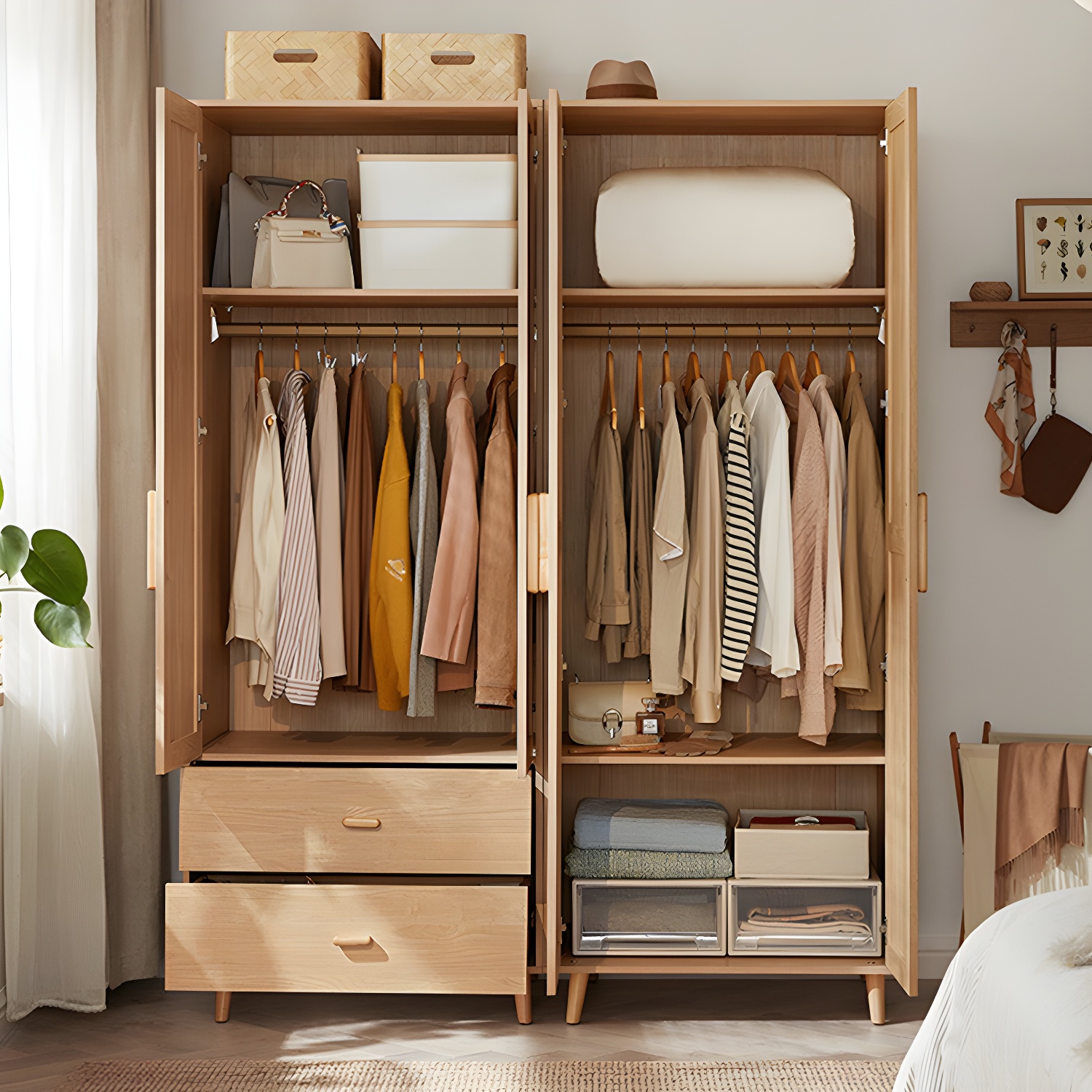 Modern Natural Wood Wardrobe Armoire with Clothing Rod, Shelves, and Soft-Close Drawers - image 3
