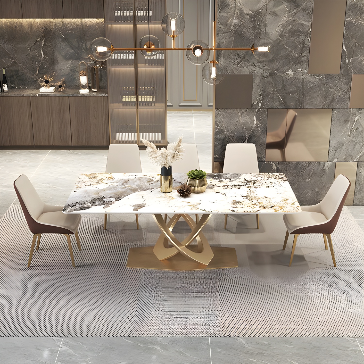 Glossy Beige Dining Table Set 1/2/5/7 Pcs Glam Dinette Set with Leather Chairs - image 9