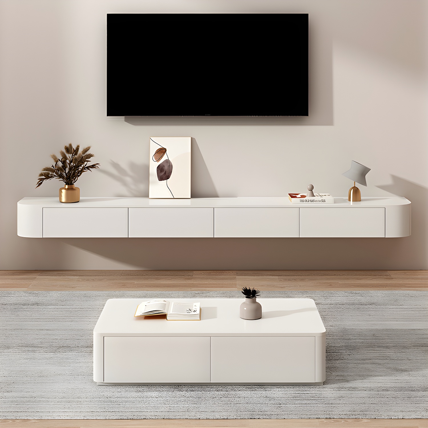 Elegant Rubberwood TV Stand with Floating Mount, Cable Management, and Soft Close Drawers - image 5