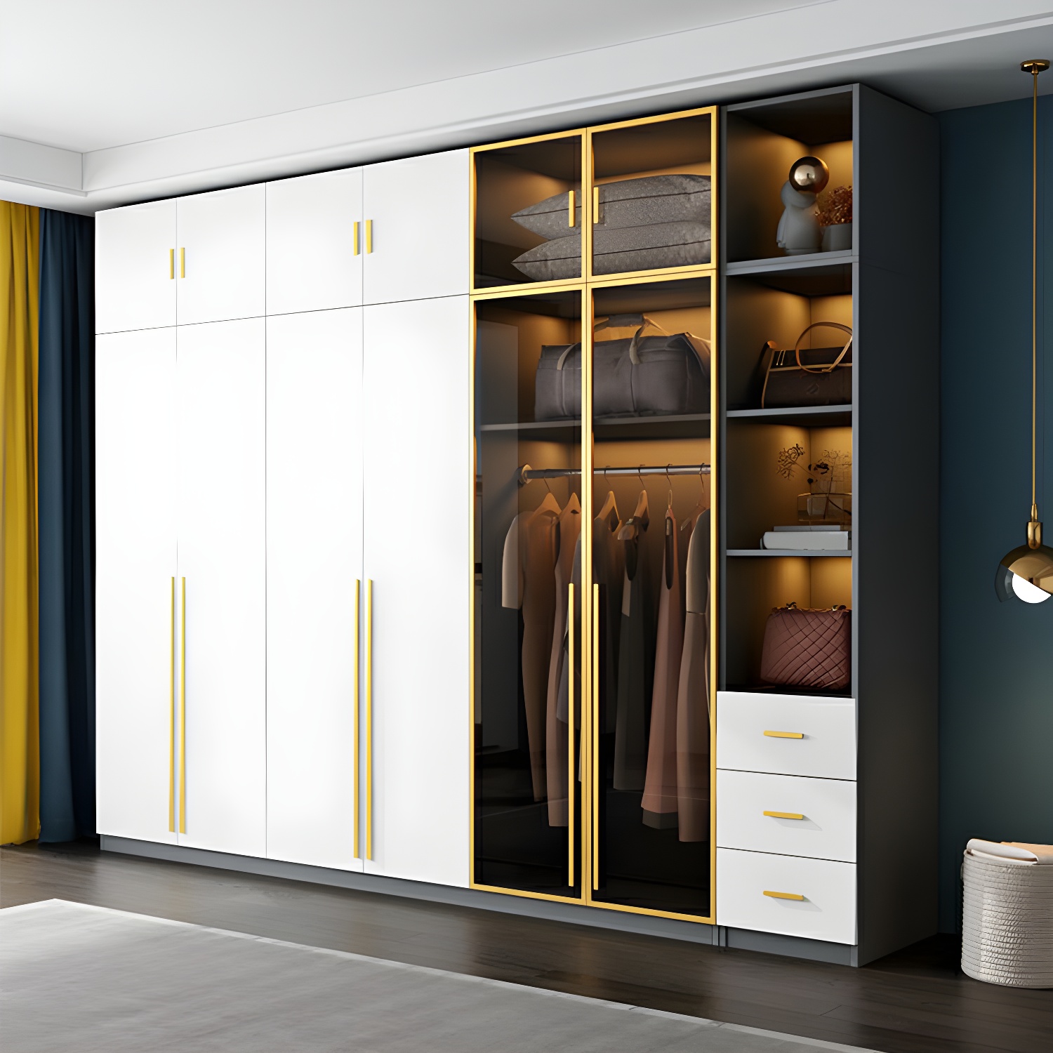 Contemporary Color Block Glass Doors Combination Armoire with Shelves Storage
