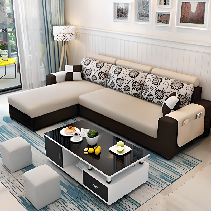 L-Shape Corner Sectional in Lavender/Olive Green/Beige with Left Hand Facing/Right Orientation