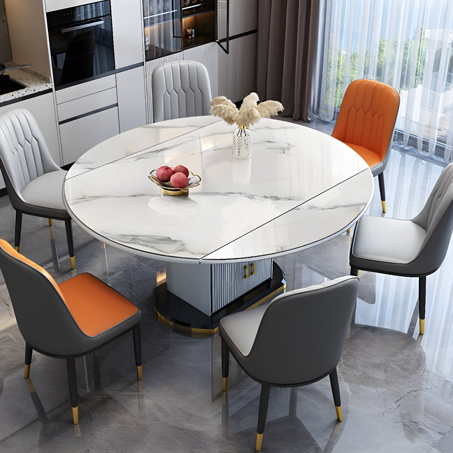 Slate Round Dining Table Set with Extending Leaf - Modern Wood Kitchen & Dining Room Furniture