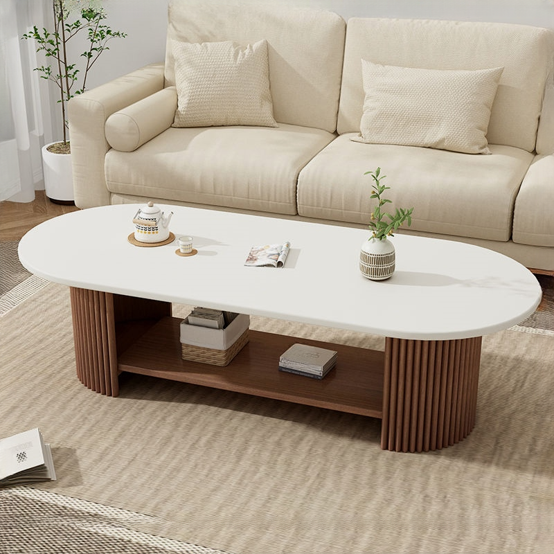 Oval Natural Wood Coffee Table with Twin Support Base, Repository, and 1 Shelf - image 7
