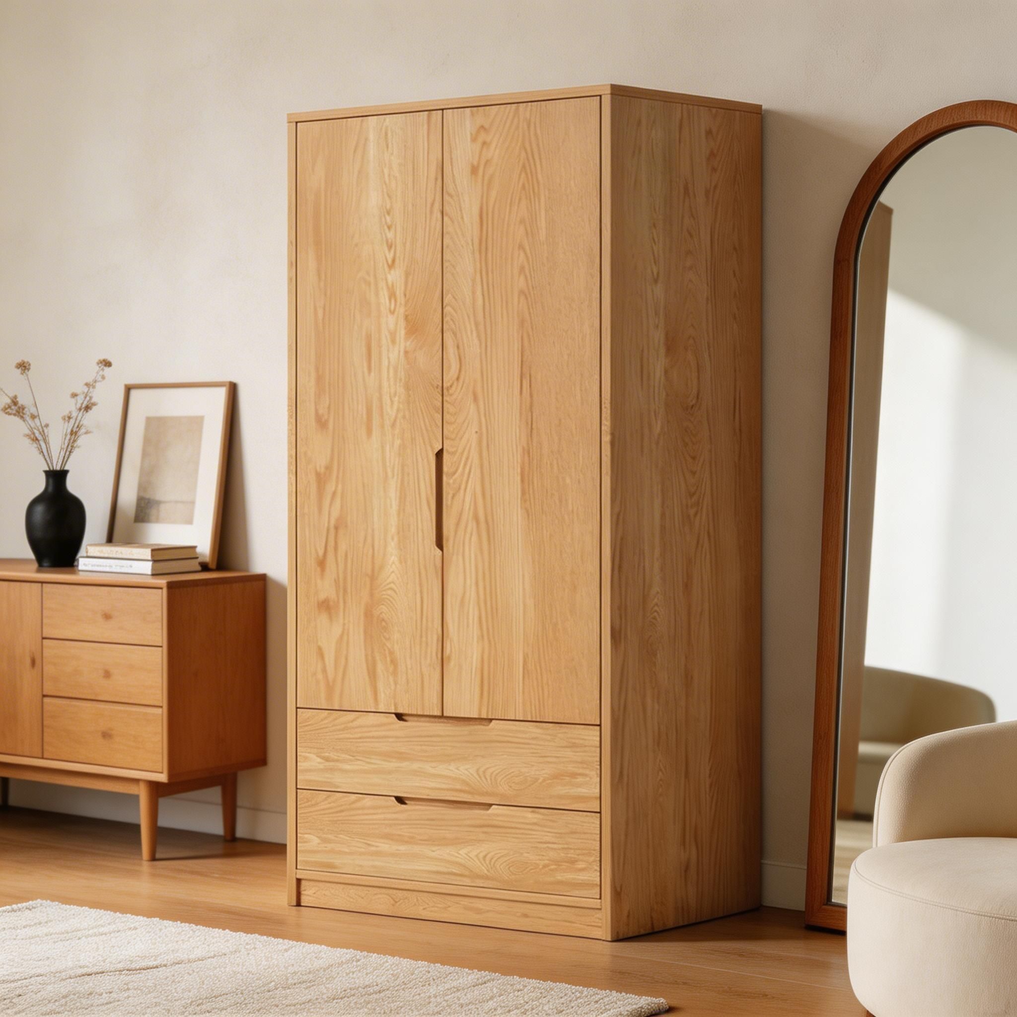 Modern Natural Wood Wardrobe Armoire with Sliding Doors, Drawers, and Shelves - image 57