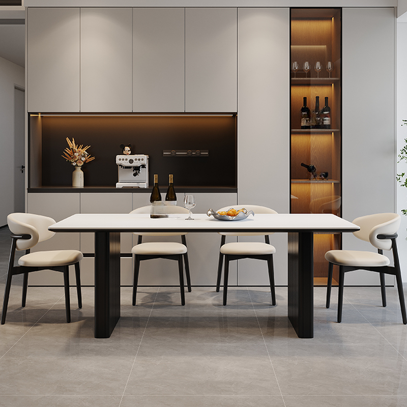 Dining Table Set with Rectangular Slate Stone Top and Two-sided Pedestal, Padded Chair with Back, 5-piece in White