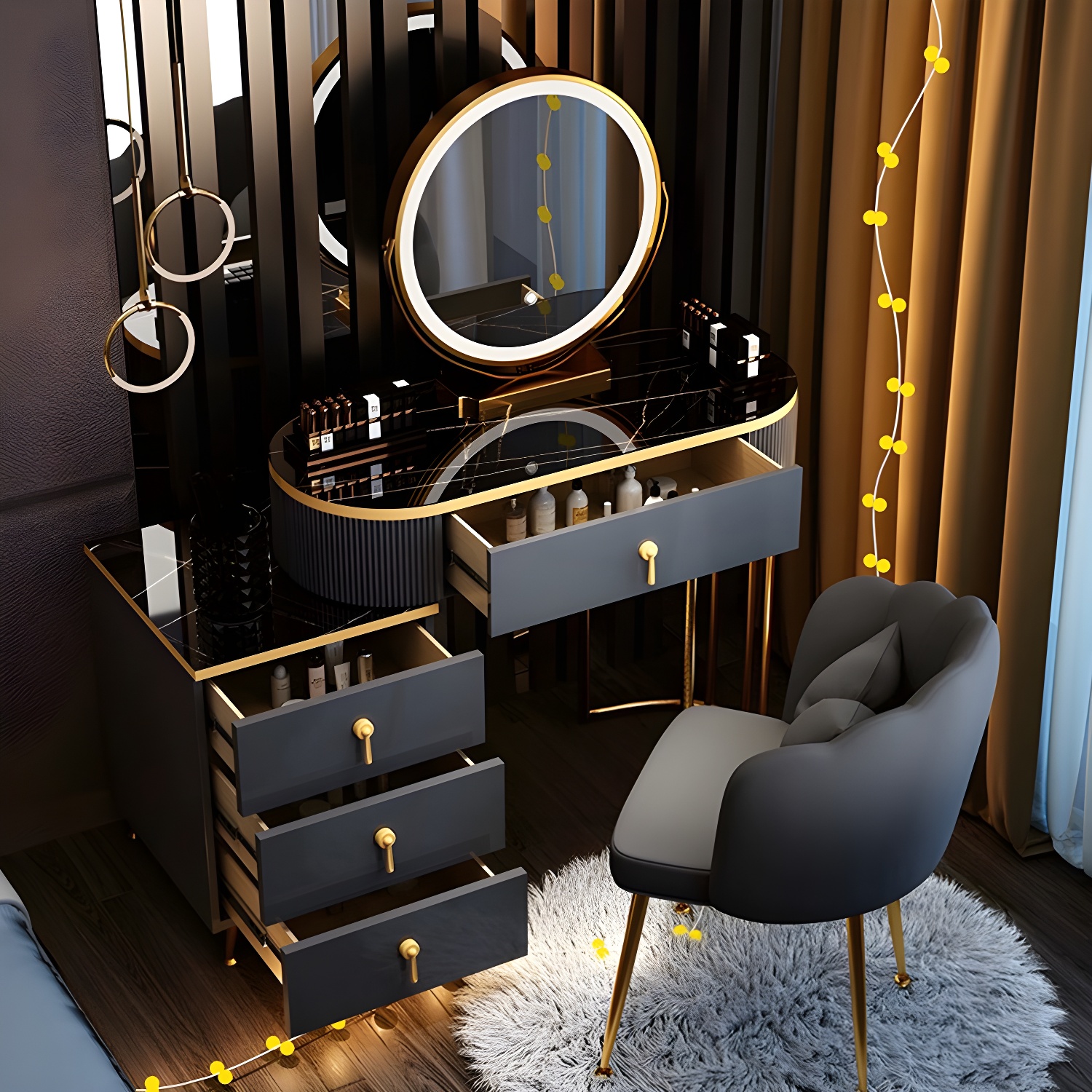 Contemporary Vanity Makeup Dressing Table Stool Set with Storage Drawers - image 1