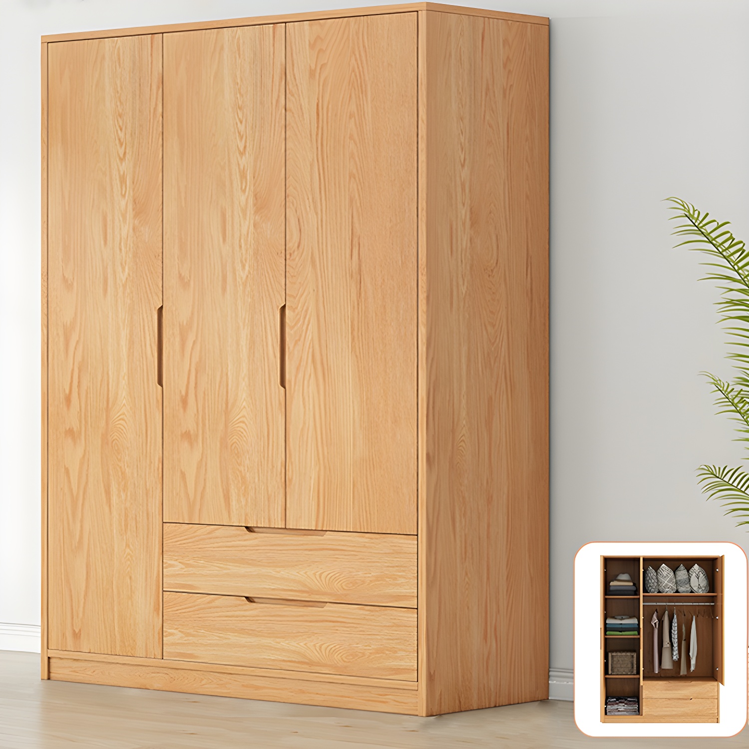Modern Natural Wood Wardrobe Armoire with Sliding Doors, Drawers, and Shelves - image 3