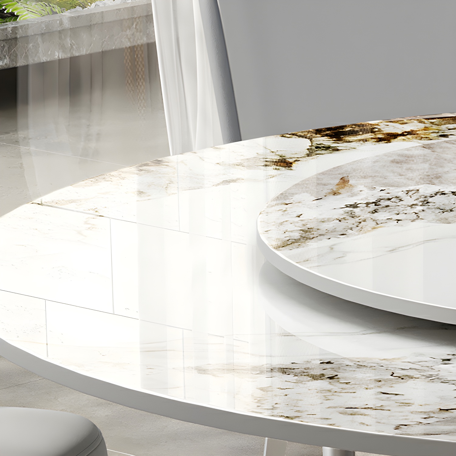 Stunning White Stone Round Dining Table with Lazy Susan and Silver Steel Pedestal Base - image 7