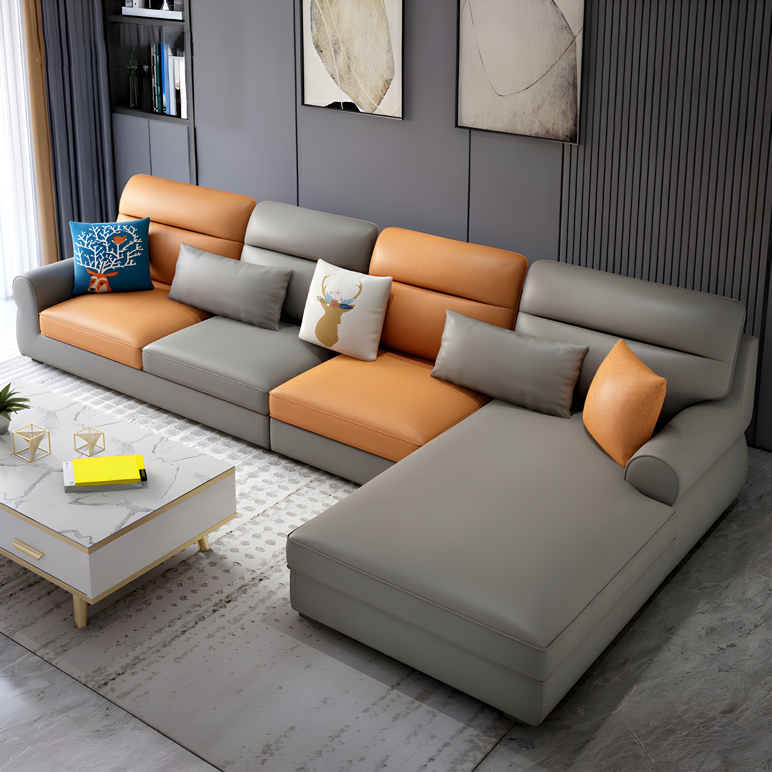 Large Modern L-Shape Stationary Wood Sectional Sofa with Round Arm and Cushion Back - image 15
