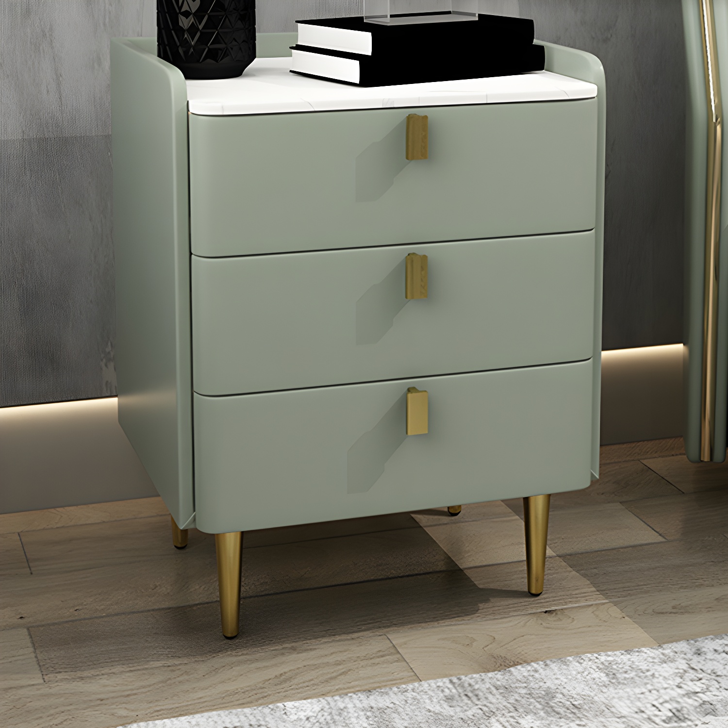 Faux Leather Nightstand Modern 3 - Drawer Nightstand with Stone Top - image 9