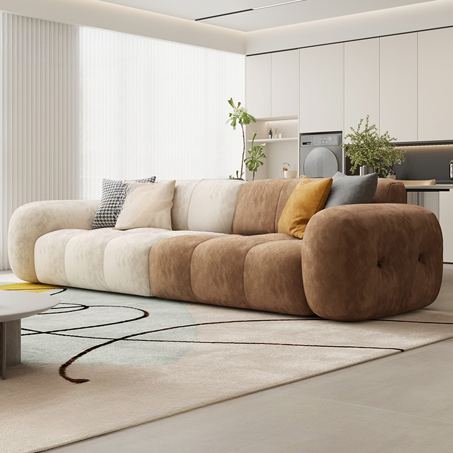 Channel Back L-Shape/Straight Right Hand Facing/Horizontal Sofa Recliner/Sofa Couch in Brown/Beige with Concealed Support & Pine Wood Frame for Living Room