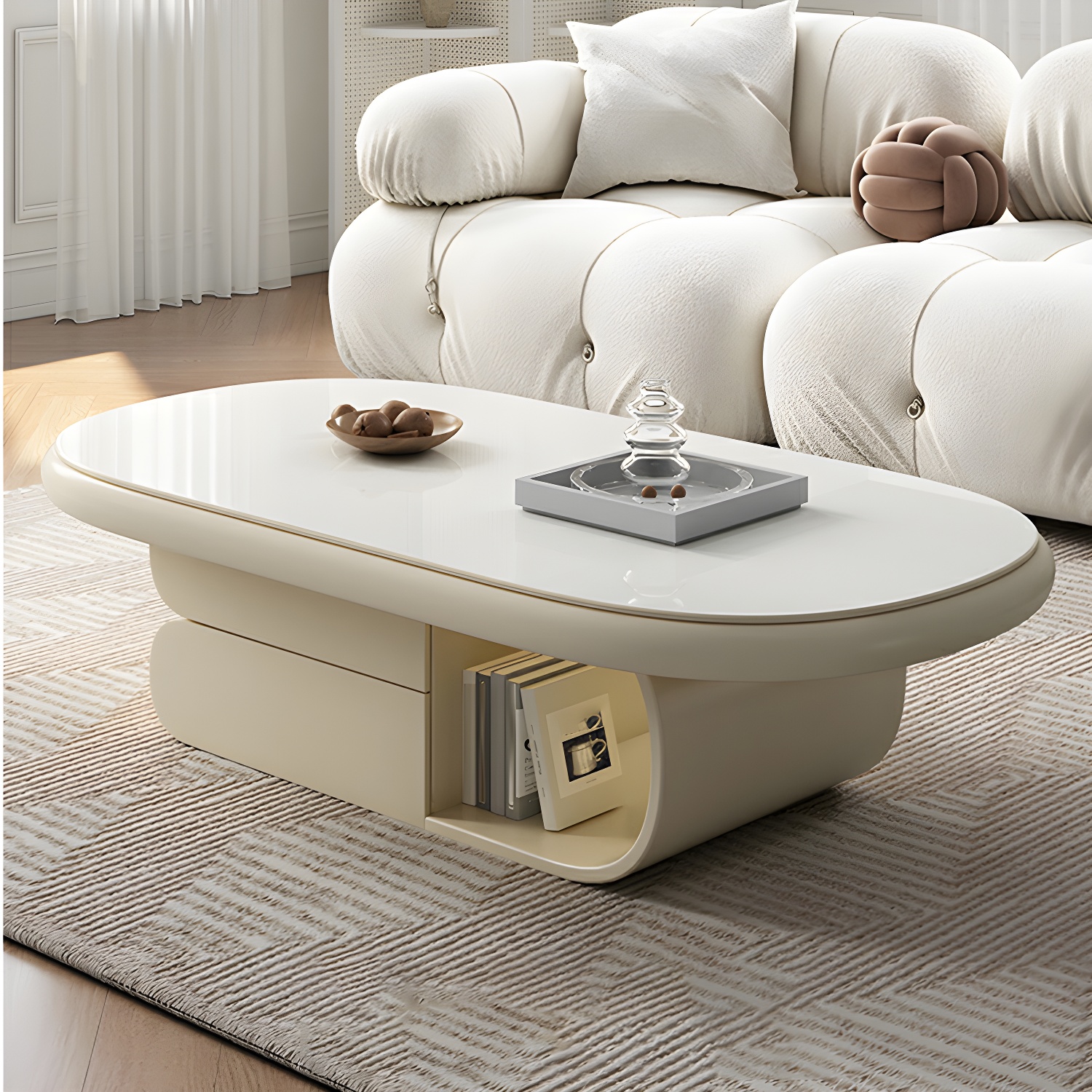 Modern Oval White Coffee Table with Storage, Shelves, and Drawers - image 4