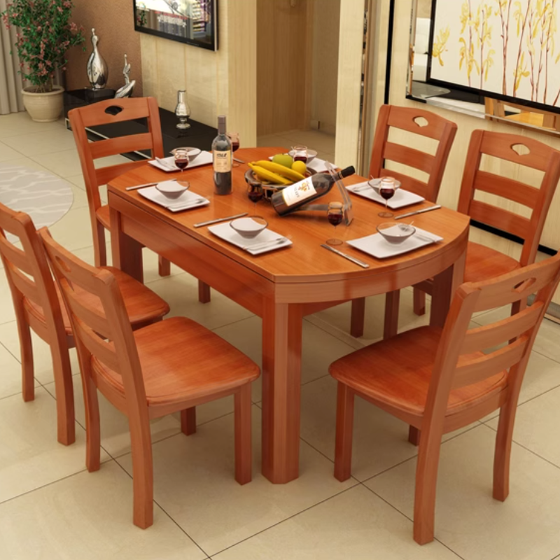Dining Table Set with Rounded Wood Slab Top, 4 Legs, Drop Leaf, Back Seat, in White/Auburn/Amber Color
