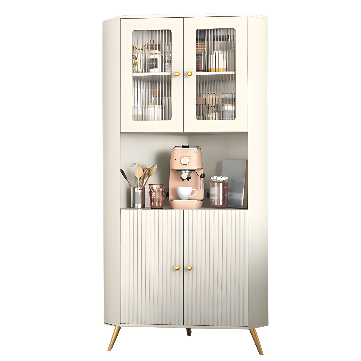 Modern Corner Accent Cabinet with White Wood Countertop, Glass Doors, and Gold Metal Base - image 5