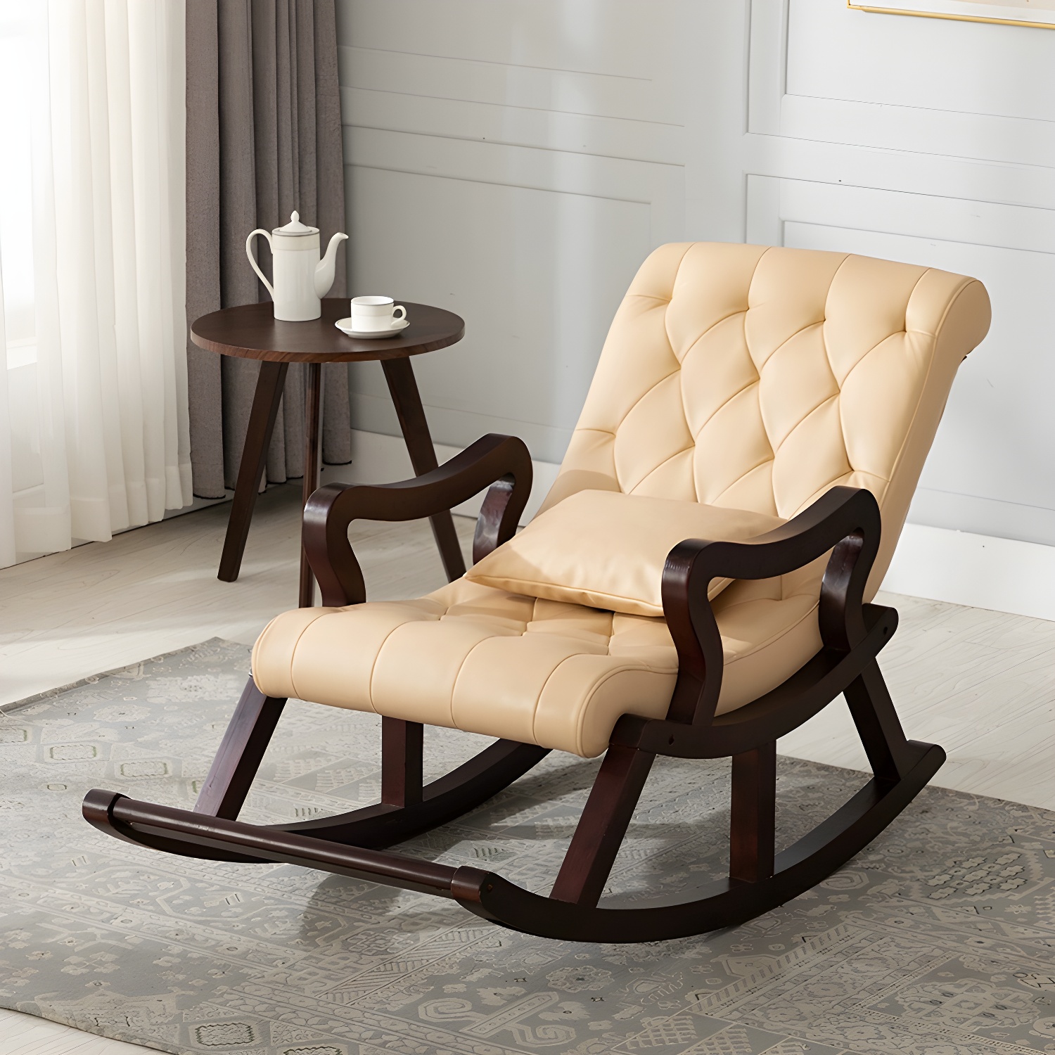 49" Wide Solid Wood Faux Leather Rocking Accent Chair with Legs