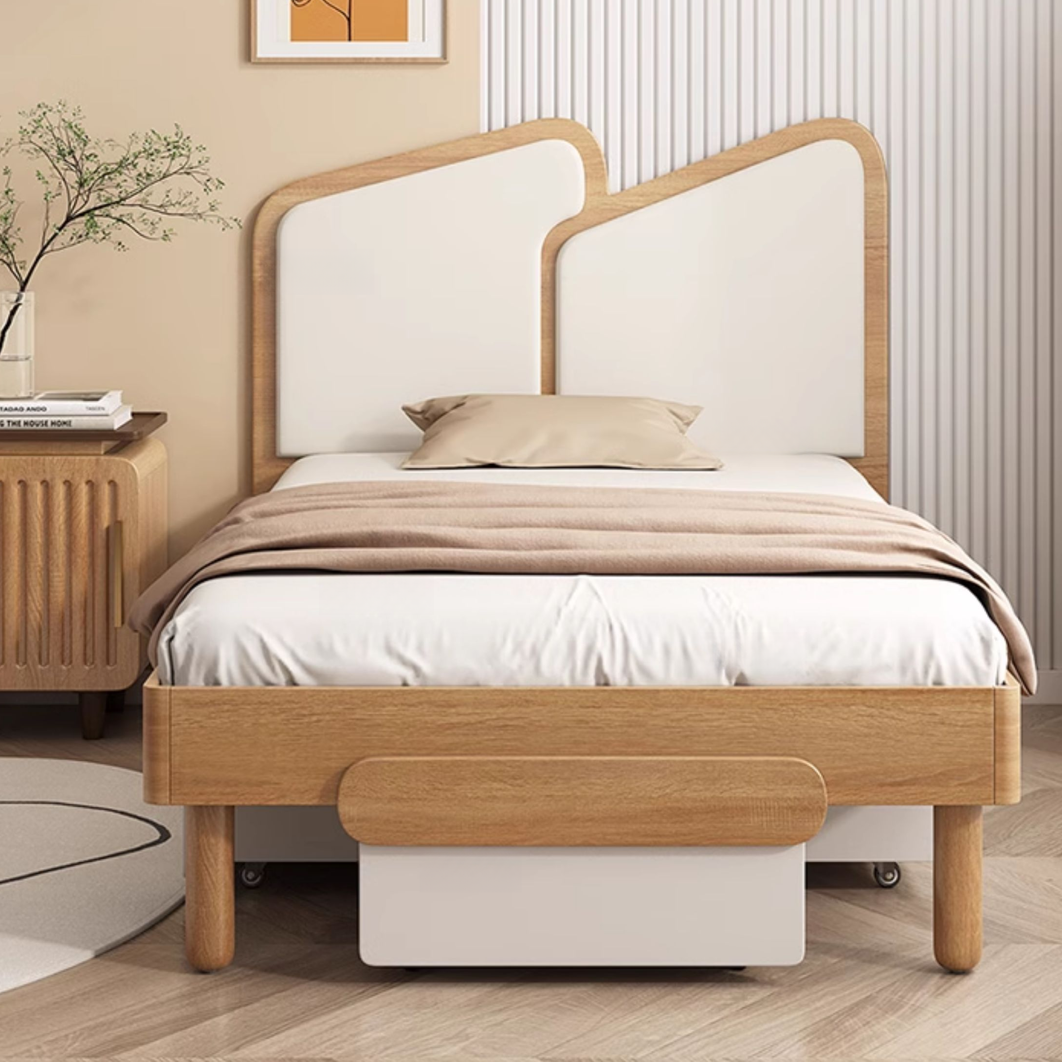 Contemporary Storage Included Panel Bed with Leg and Natural Wood Slat for Bedroom - image 4