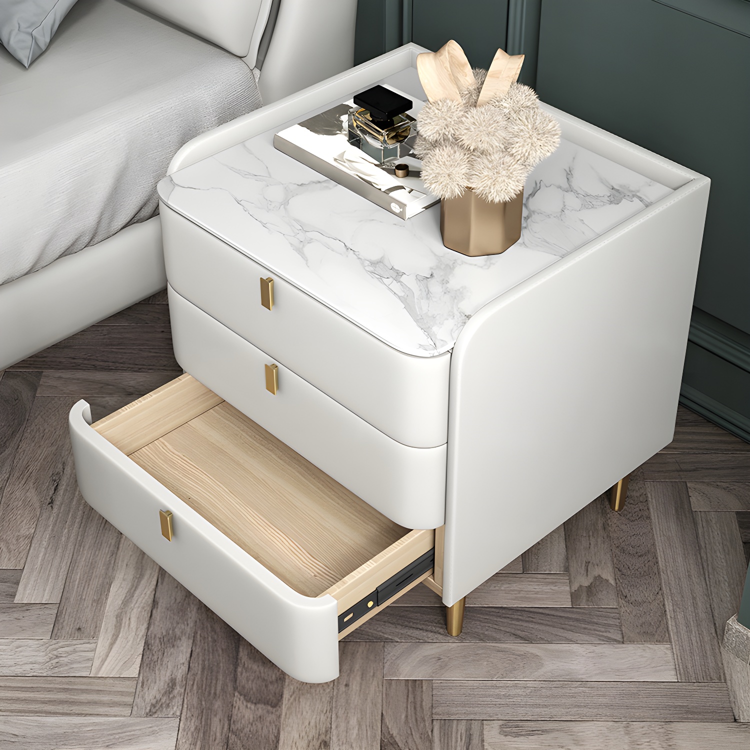 Stone Top Nightstand 3-drawer Leather Night Table with 4 Legs - image 13