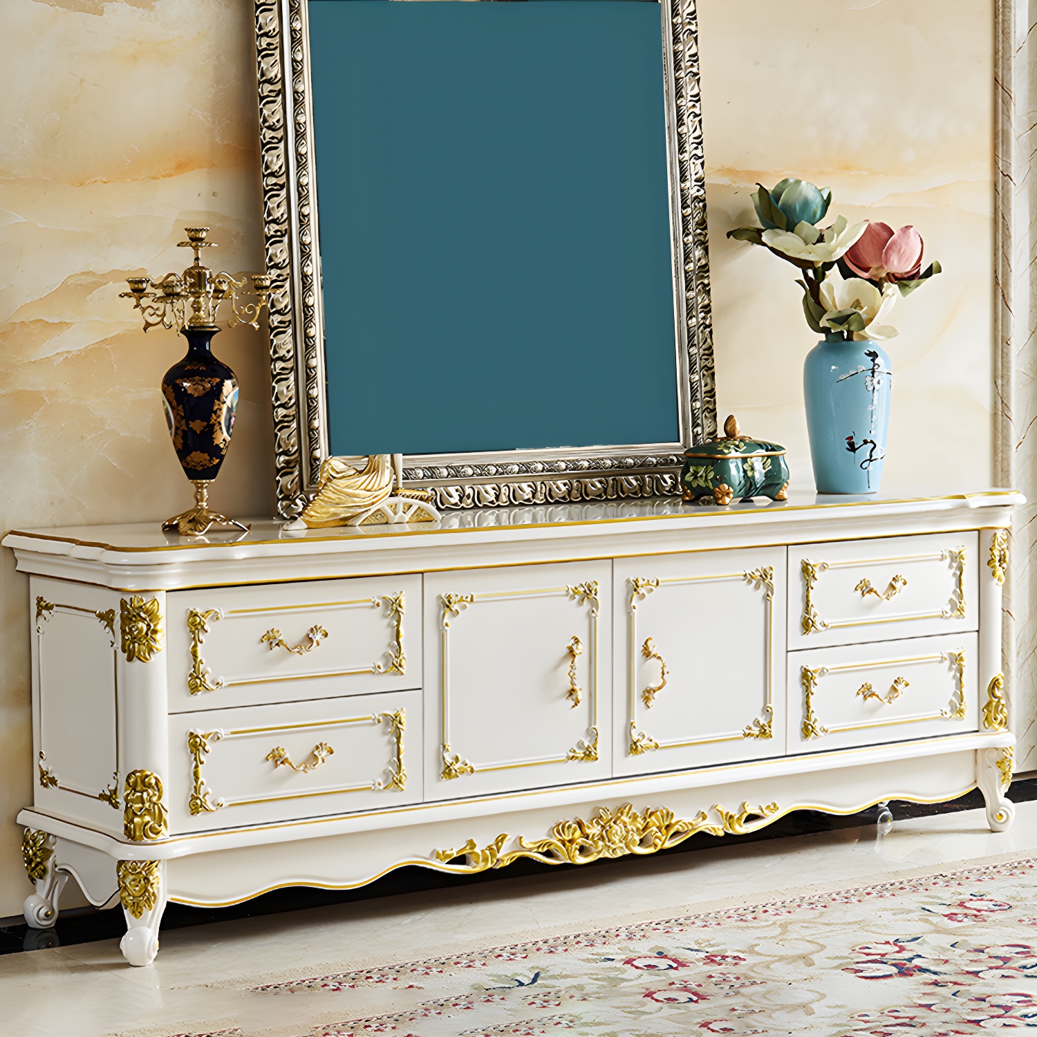 4 Drawers Contemporary Media Console Wood White TV Stand Console - image 4