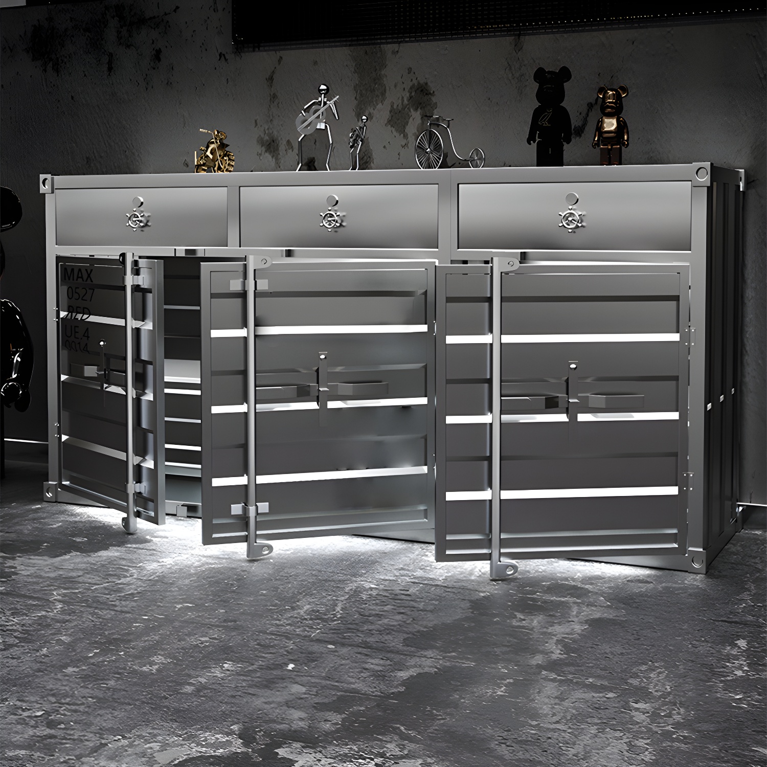 Industrial Silver Metal Sideboard Credenza with Cabinets and Shelves - image 4