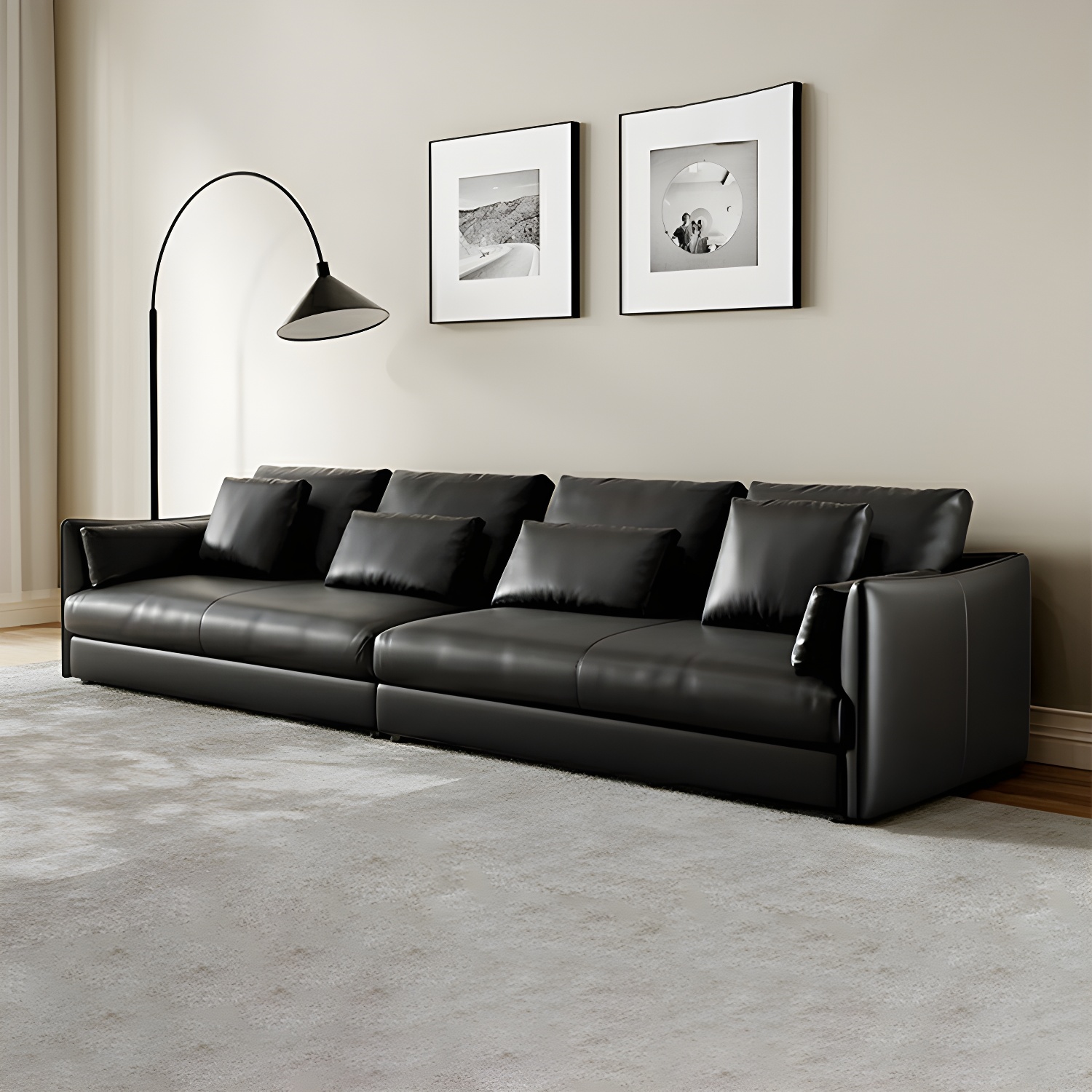 Modern Genuine Leather Sectional Sofa in Black with Recessed Arm