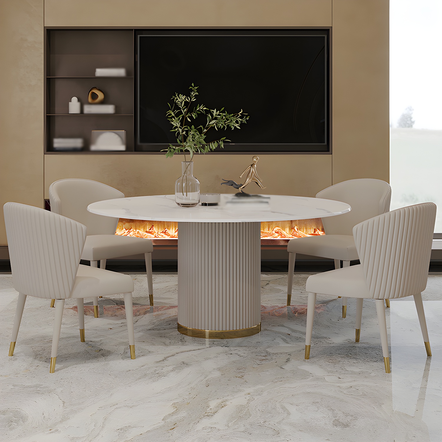 Modern 1/4/5/7 Pieces Round Dining Set Sintered Stone Dining Table Set with Leather Chairs - image 3