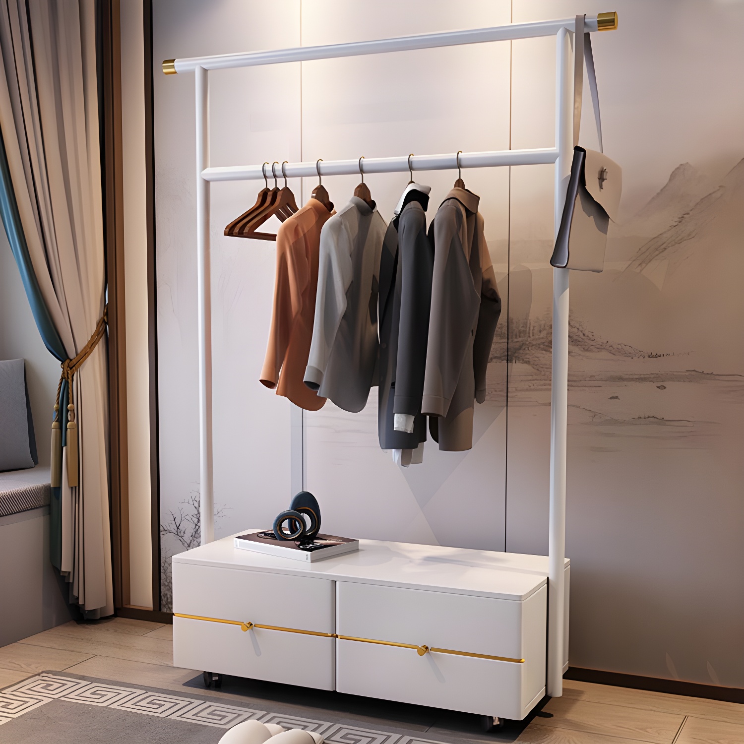 Contemporary Movable Wardrobe Wooden Bedroom Armoire with Drawers - image 5