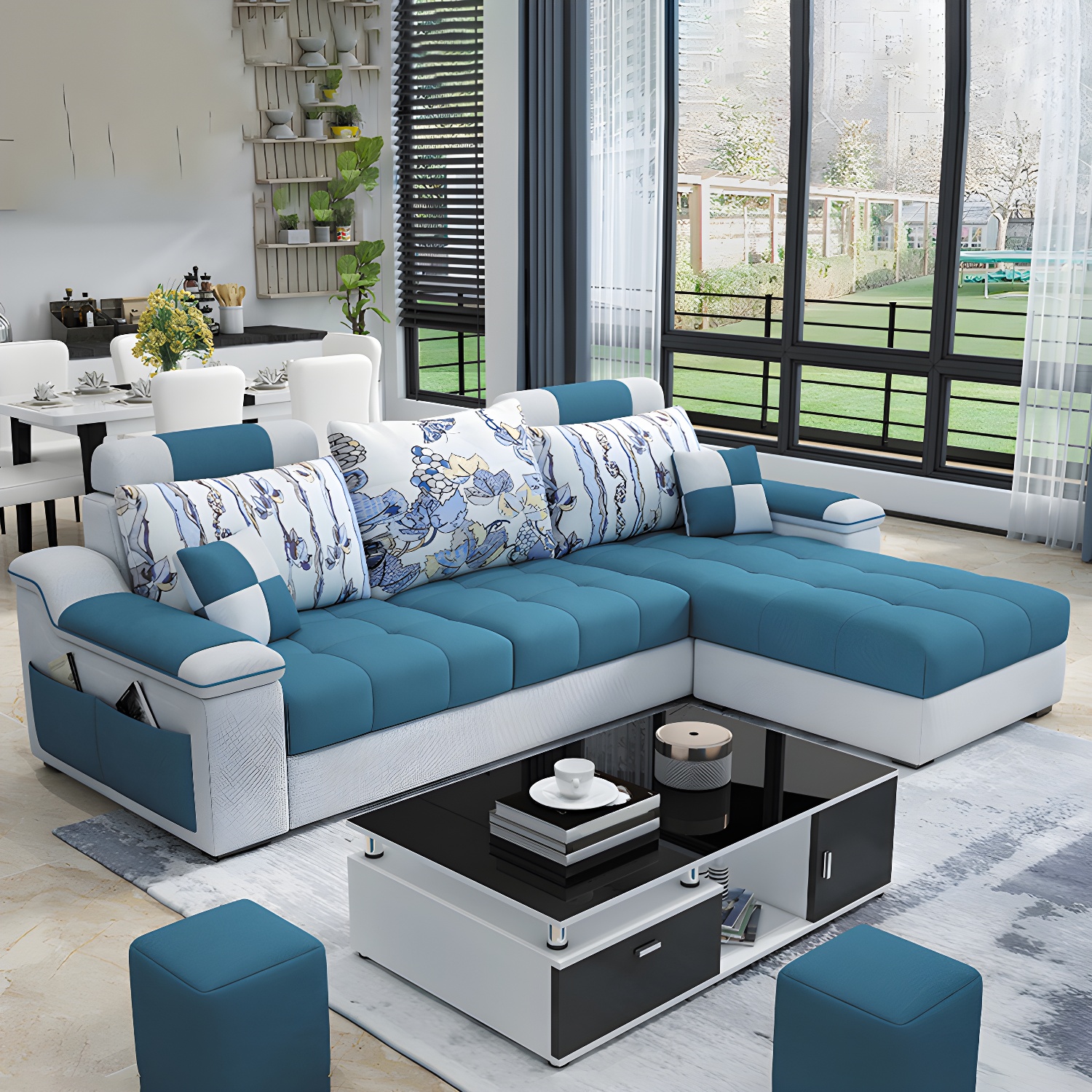 3-Seater Cotton Blend and Faux Leather L-Shape Sectionals Sofas - image 4