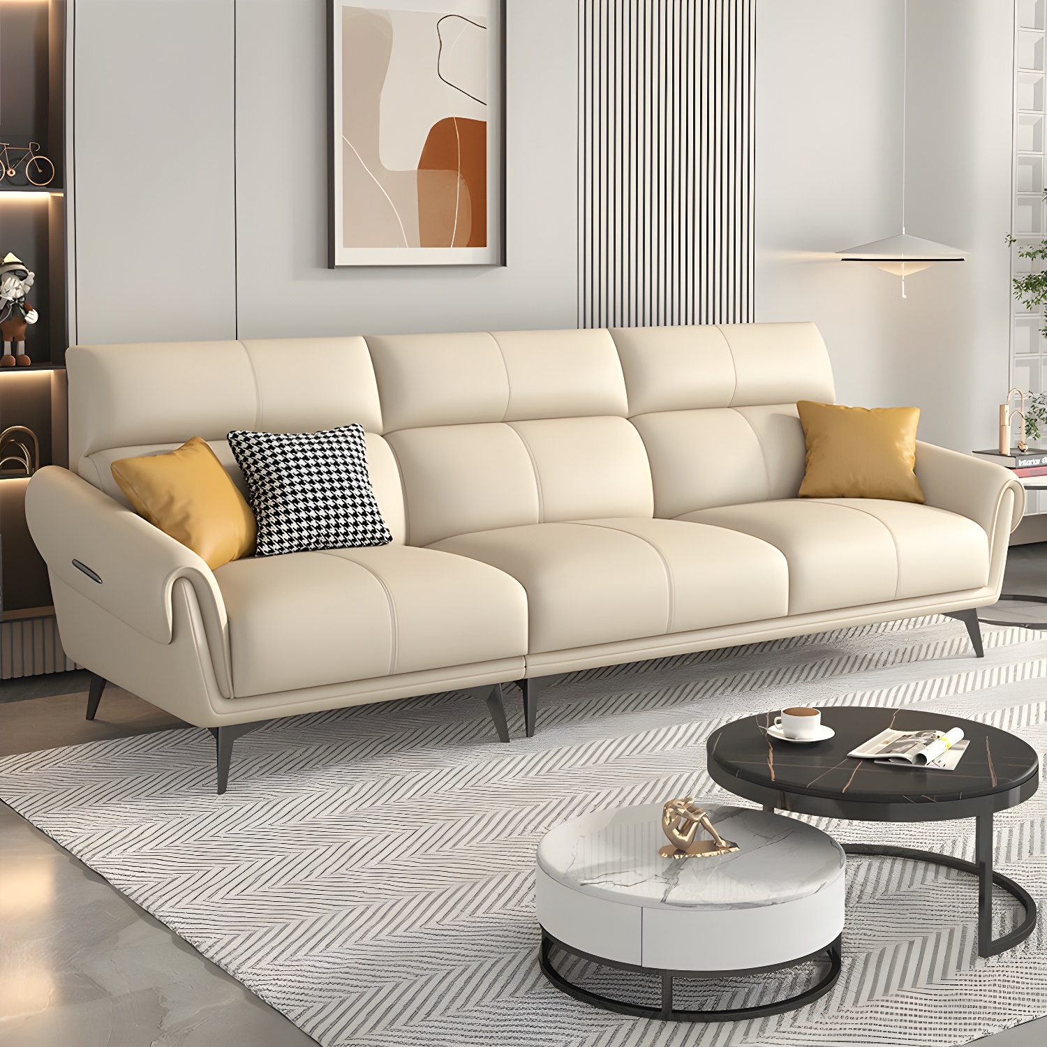 Faux Leather Flared Arm Sofa in Beige of 37.4" H with Cushions