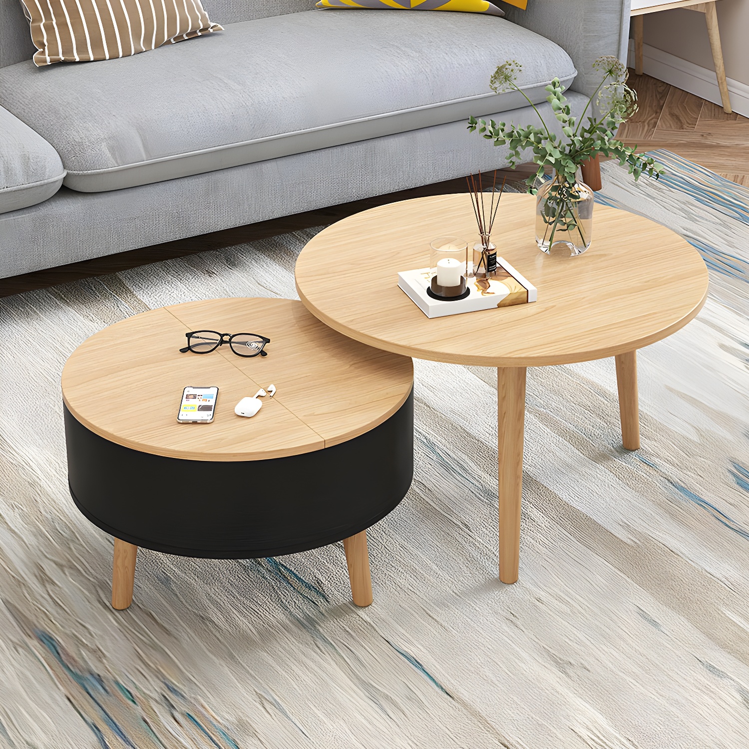 Round Solid Wood 3 Legs Coffee Table with Storage Drawers Modern Cocktail Table - image 6