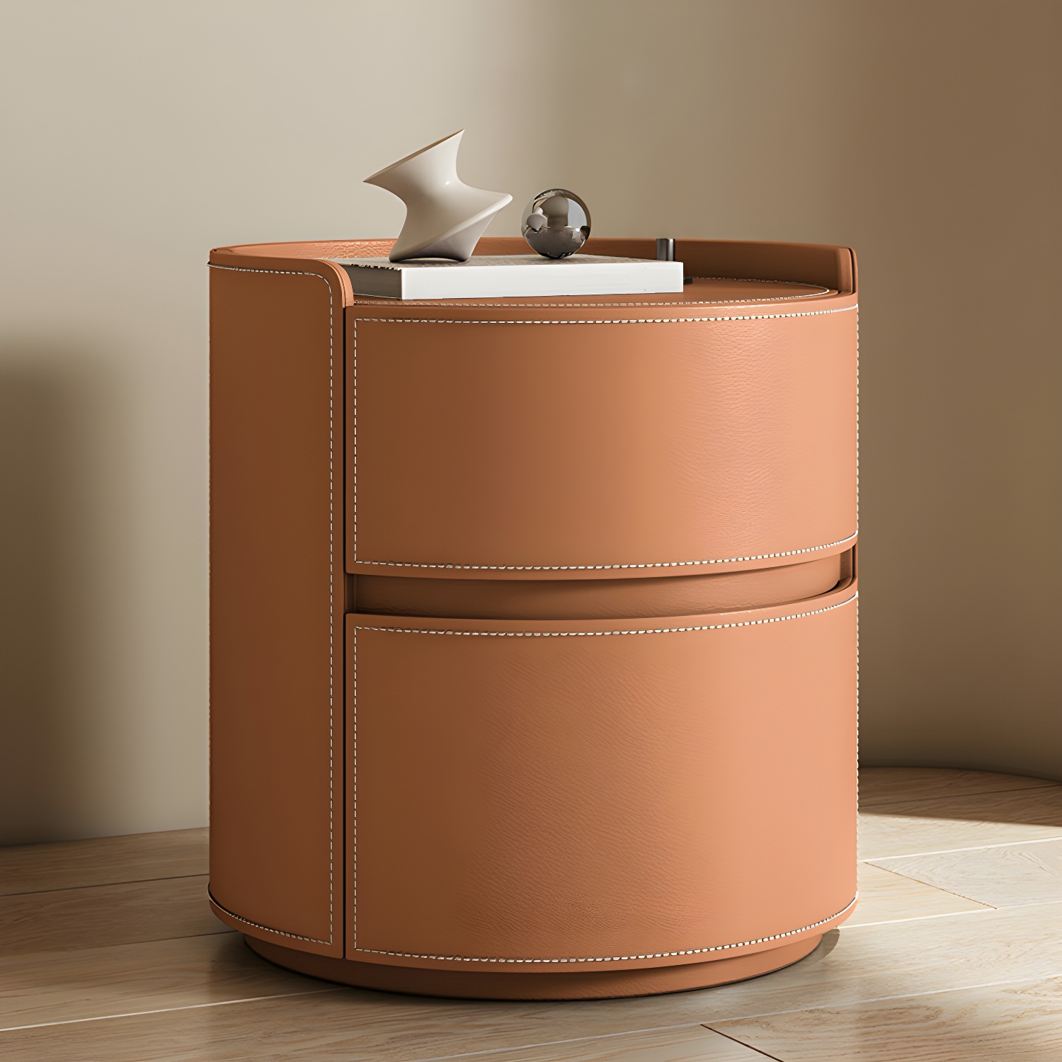 Modern Faux Leather Round Nightstand with 2 Drawers in Under 21 in. Narrow Size - image 10
