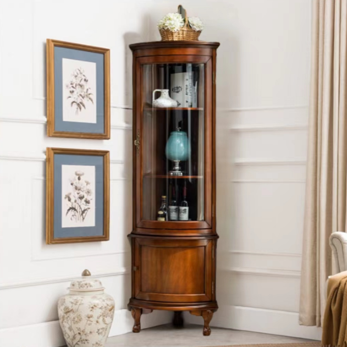 Traditional Medium Brown Corner Accent Cabinet with Wood Countertop and Exterior Shelving