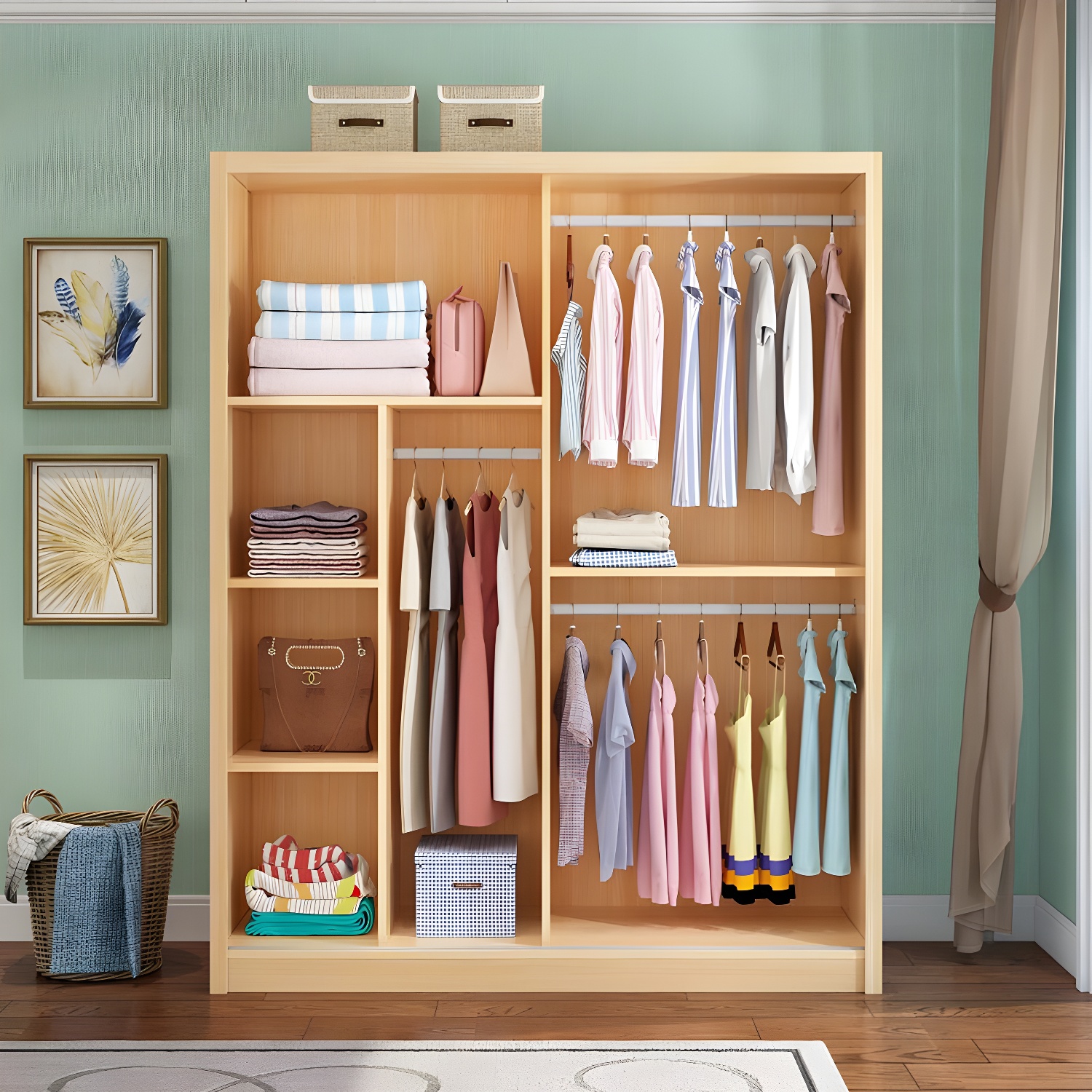 Contemporary Solid Wood Sliding Door Wardrobe Cabinet with Shelves - image 3