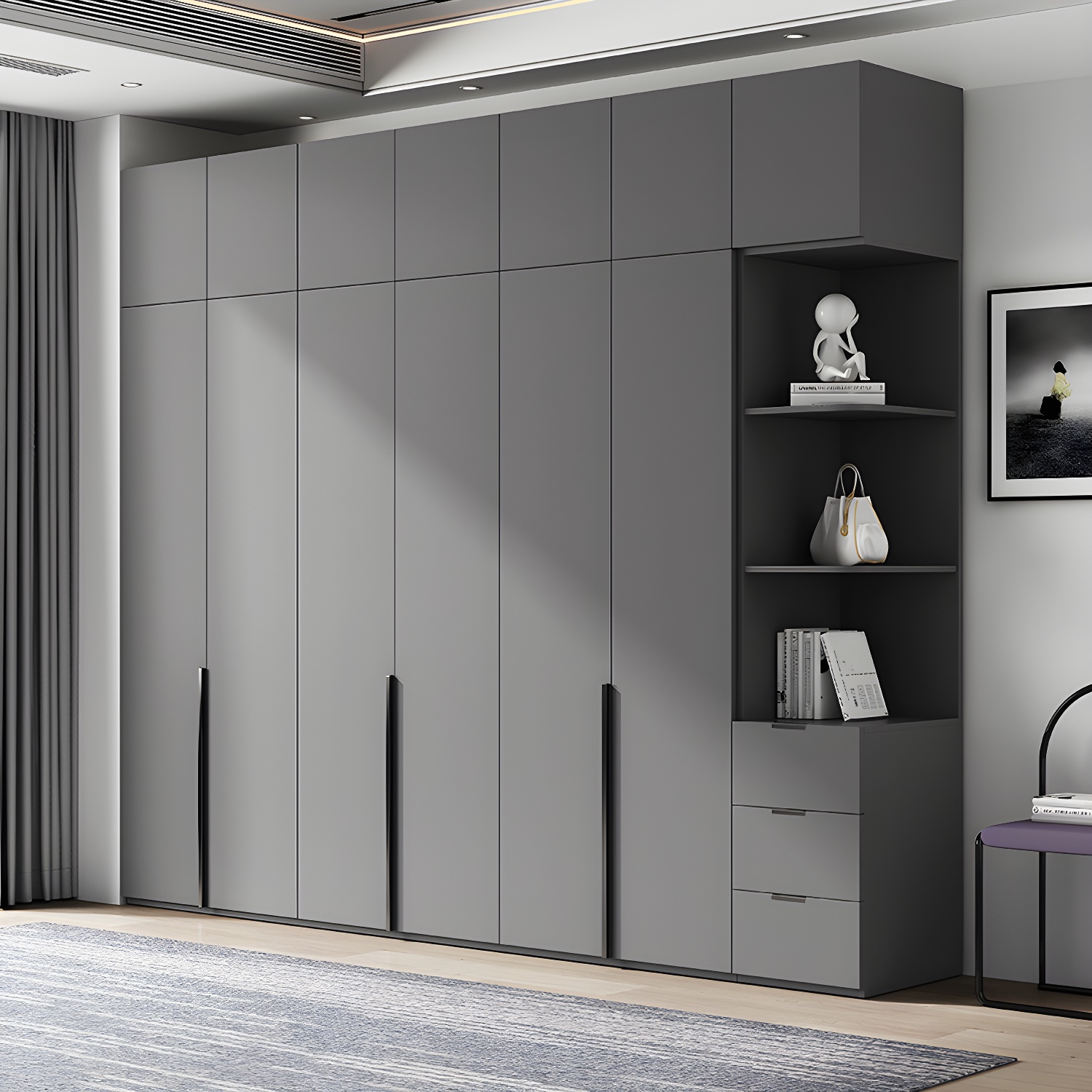 Contemporary Grey Storage Cabinet with Garment Rod Hinged Door Cabinet for Bedroom
