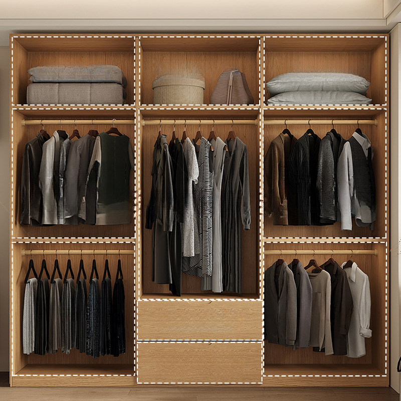 Natural Finish Minimalist Oak Wood Cabinet Armoire with Soft Close Drawer, Soft Close Door, Interior Shelves, and Clothing Rod