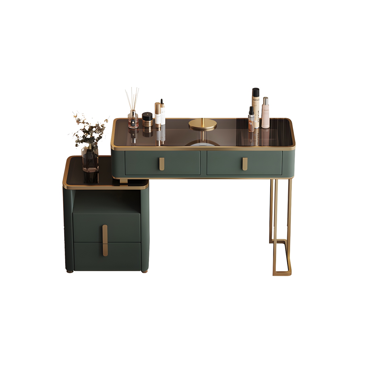 Glass Top Dressing Table Solid Wood Green Make-up Vanity with Drawers - image 9