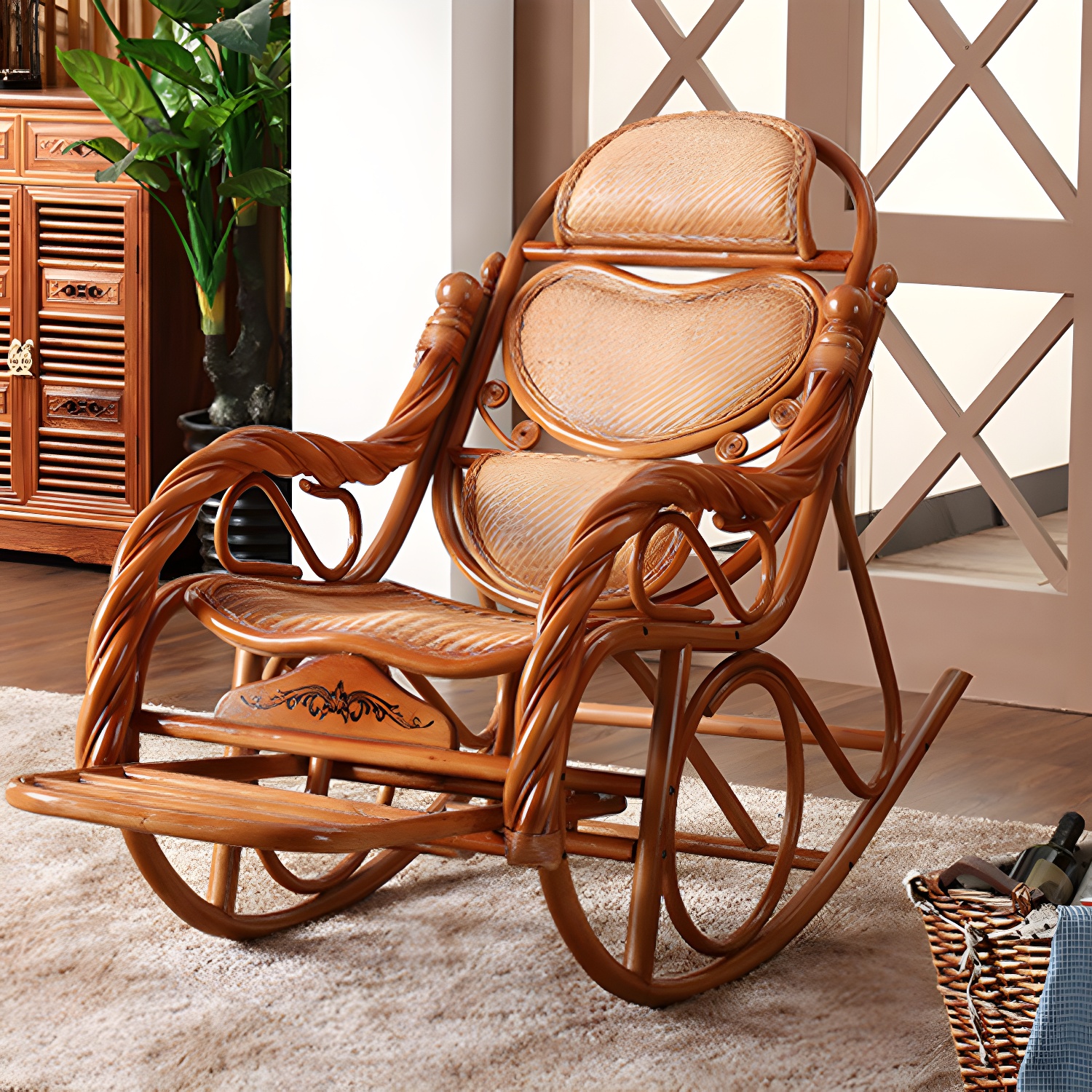Traditional Spindle Rocking Accent Chair Tobacco Finish Rocker Chair Reclining - image 10