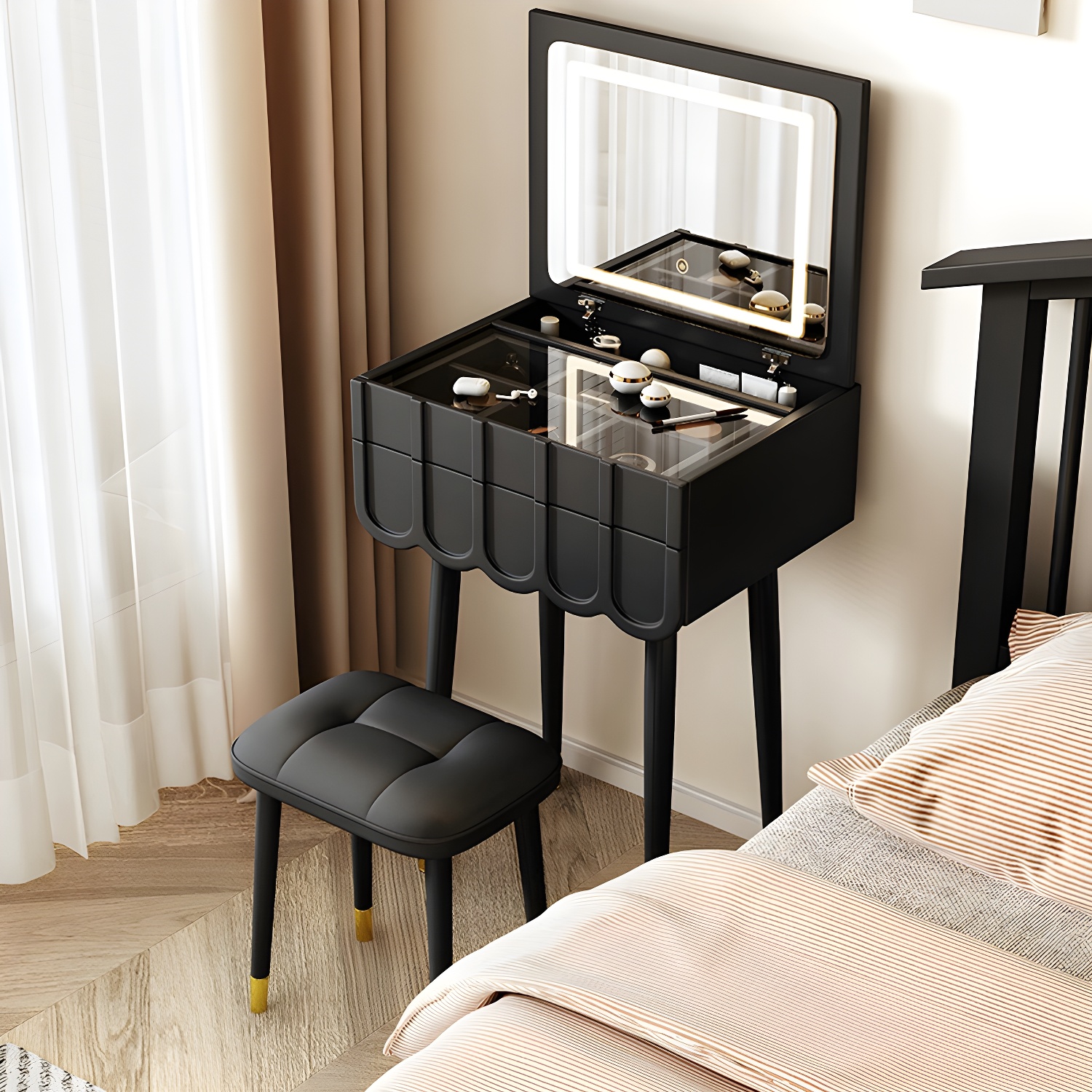 Elegant Vanity Set with Oak Top & Mirror & 2 Drawers & Comfortable Seat - image 6