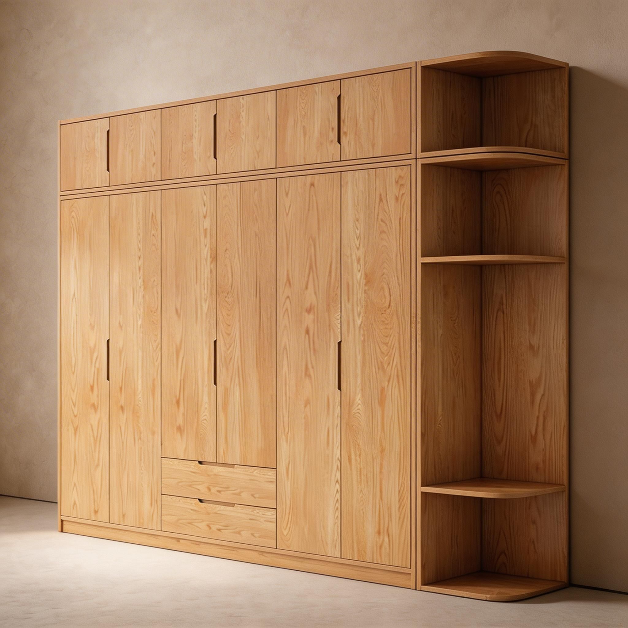 Modern Natural Wood Wardrobe Armoire with Sliding Doors, Drawers, and Shelves - image 103