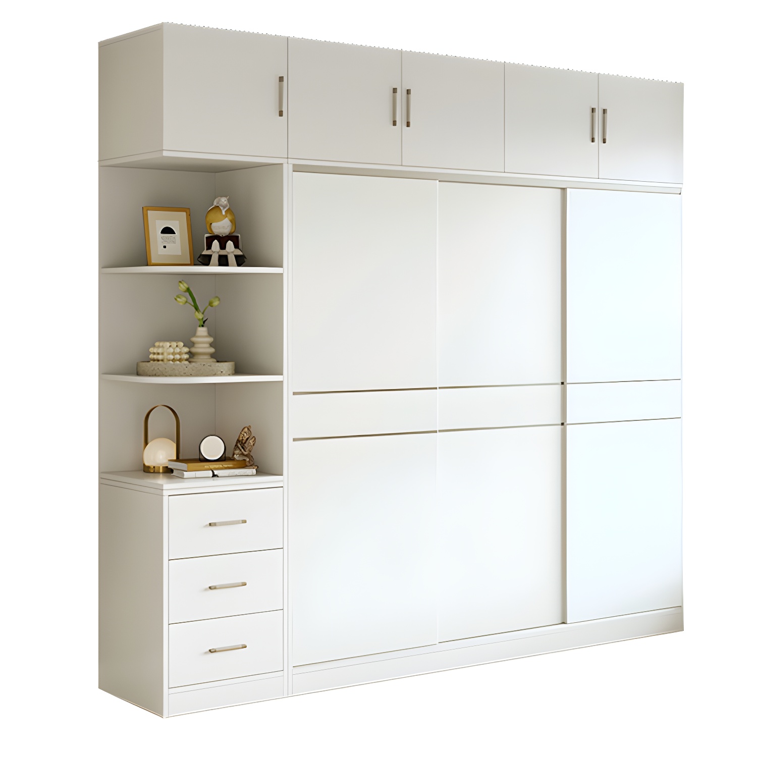 Modern White Wood Wardrobe Armoire with Sliding Doors, Shelves, and Soft Close Drawers - image 5