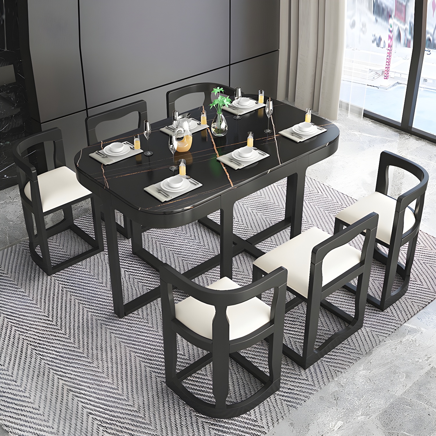 7-Piece Modern Wood Dining Set with Trestle Base and Upholstered Chairs in White - Seats 6