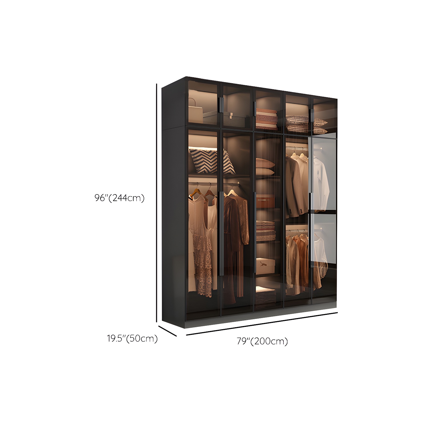 Freestanding Grey Wood Frame Wardrobe Modern Multifunctional Wardrobe with Glass Doors - image 19