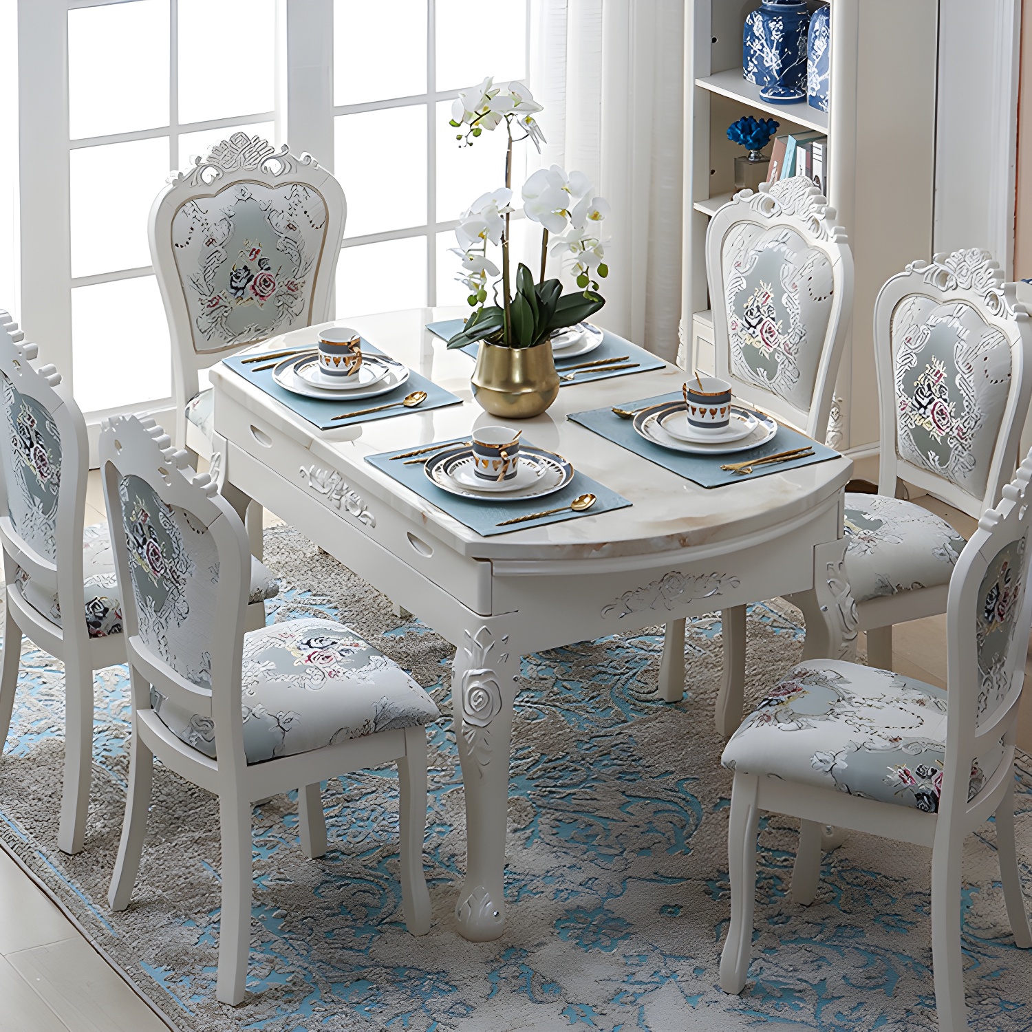 Victorian Dining Room Set Standard Height with Rectangle Top 4 Legs Base Dining Furniture