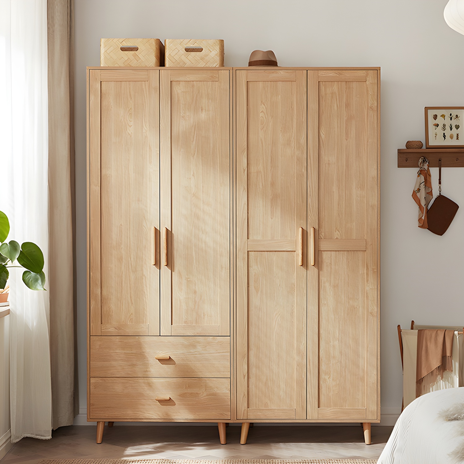 Modern Natural Wood Wardrobe Armoire with Clothing Rod, Shelves, and Soft-Close Drawers