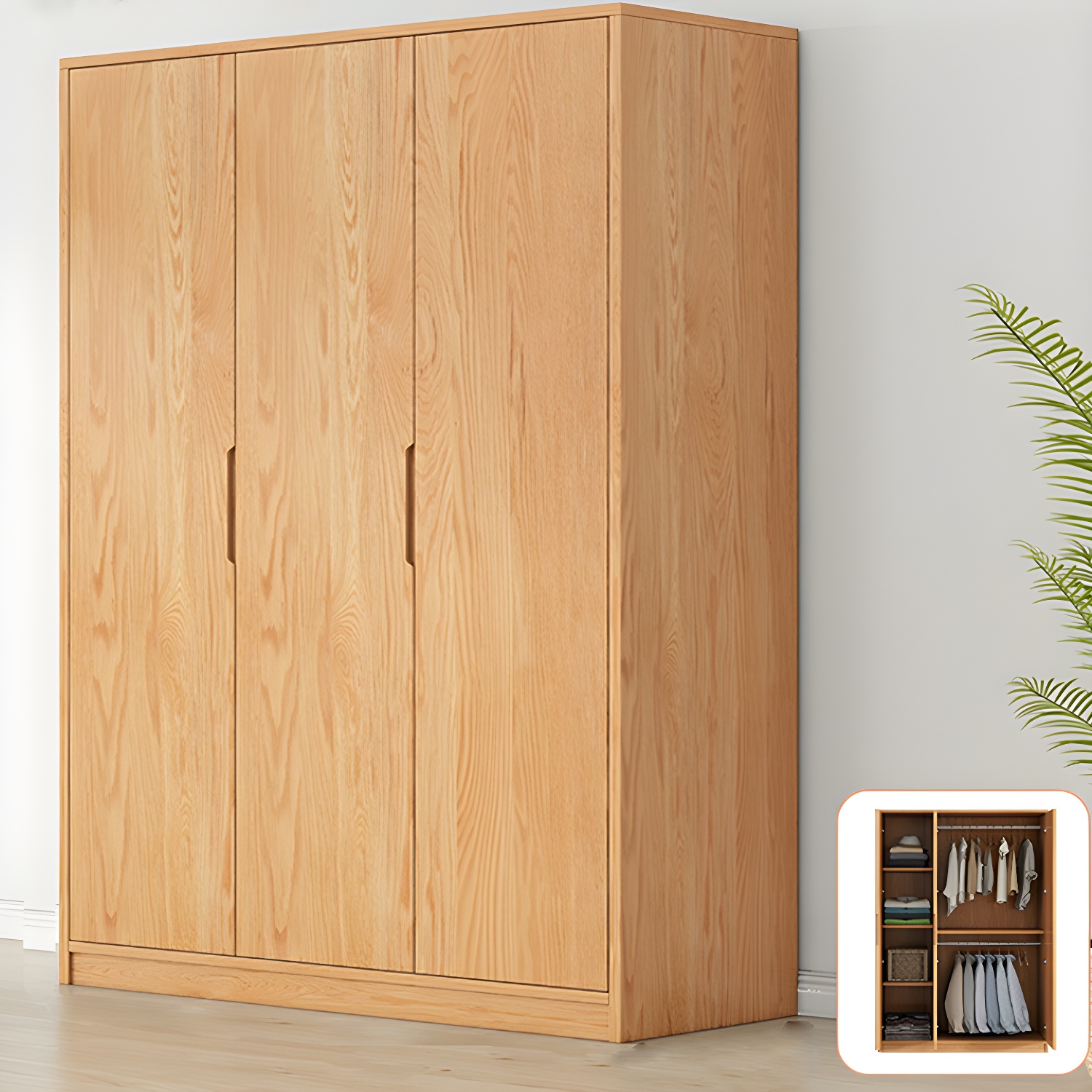 Modern Natural Wood Wardrobe Armoire with Sliding Doors, Drawers, and Shelves - image 4